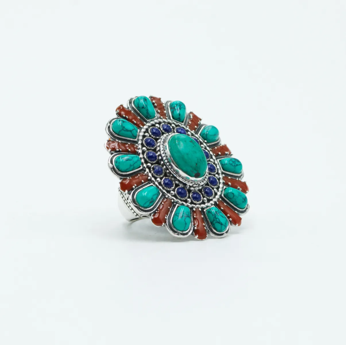 Inel oval floare India turcoaz-carneol Argint