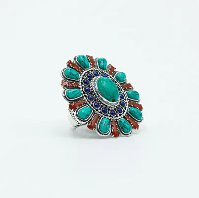 Inel oval floare India turcoaz-carneol Argint - 5