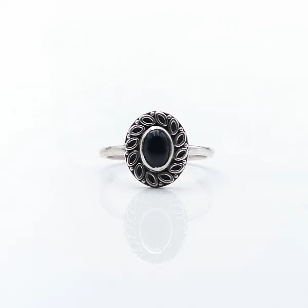 Inel xs floare ovala onix Argint