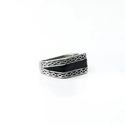 Inel dreptunghiular banda neagra Argint - 5