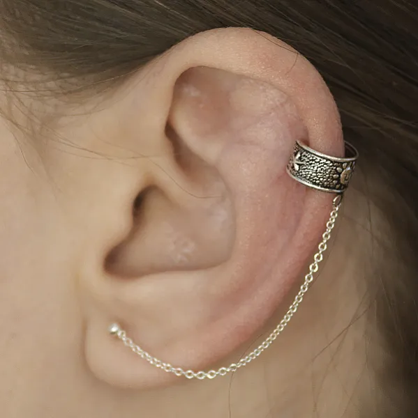 Cercei earcuff cu lant soare Argint