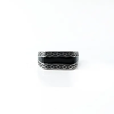 Inel dreptunghiular banda neagra Argint - 1