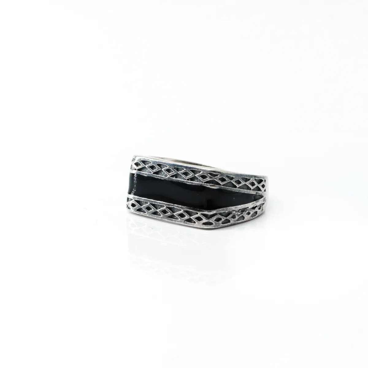 Inel dreptunghiular banda neagra Argint
