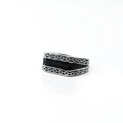 Inel dreptunghiular banda neagra Argint - 2