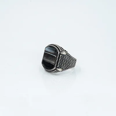 Inel dreptunghiular buburuze agat negru Argint - 3
