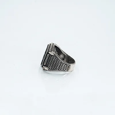Inel dreptunghiular buburuze agat negru Argint - 4