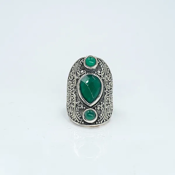Inel lung broderie trio pietre agat.verde Argint