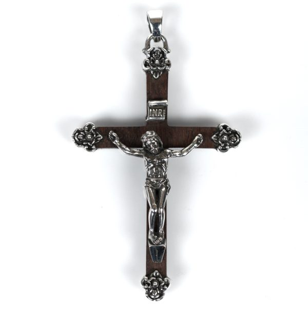 Pandantiv cruce lemn Isus flori Argint